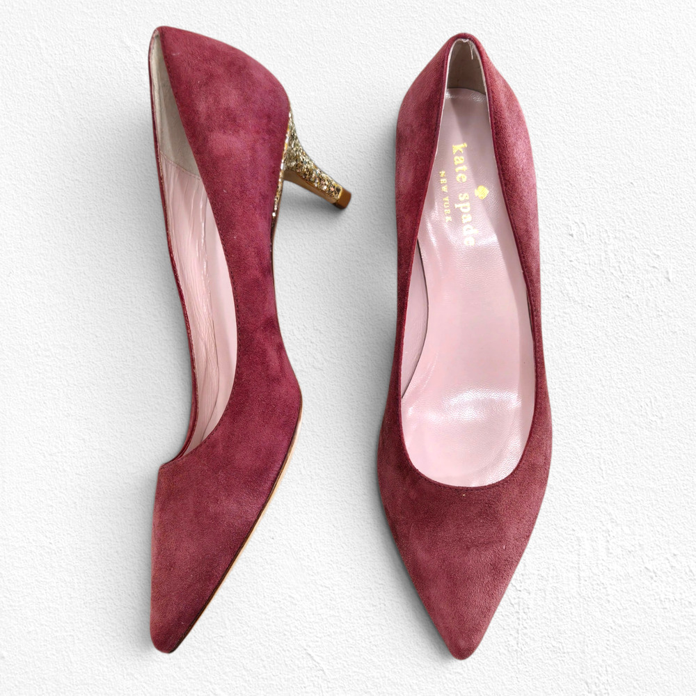 Vintage Y2K Kate Spade Burgundy Suede Glitter Kitten Heel Pumps Size 5C Italy